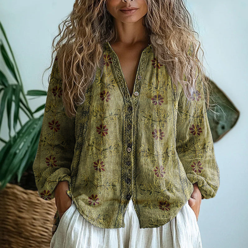 Callie | Elegant Vintage Leaf Print Shirt