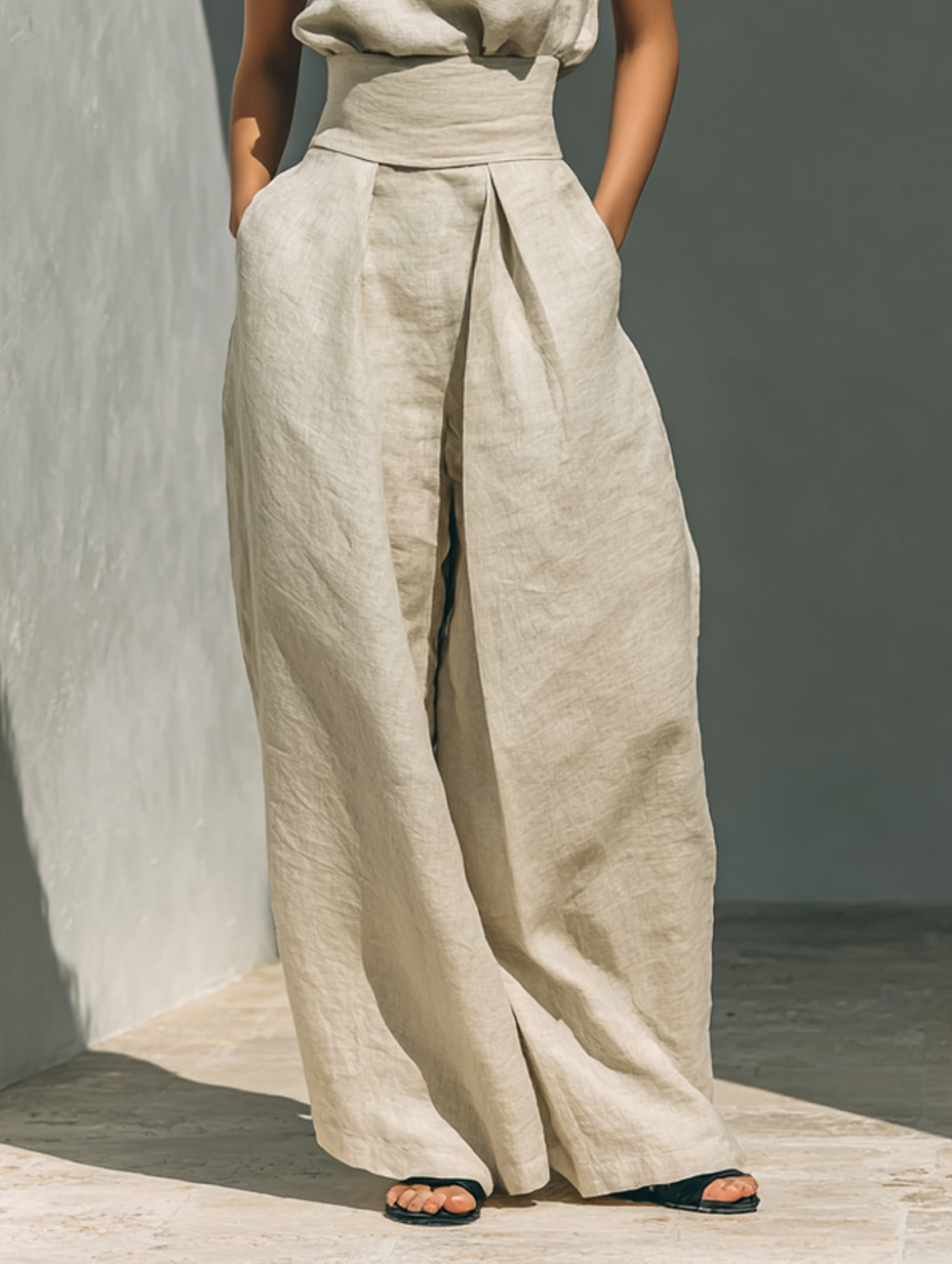 Giselle | Relaxed Beige Sleeveless Wide-Leg Co-Ord Set