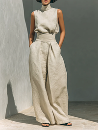 Giselle | Relaxed Beige Sleeveless Wide-Leg Co-Ord Set