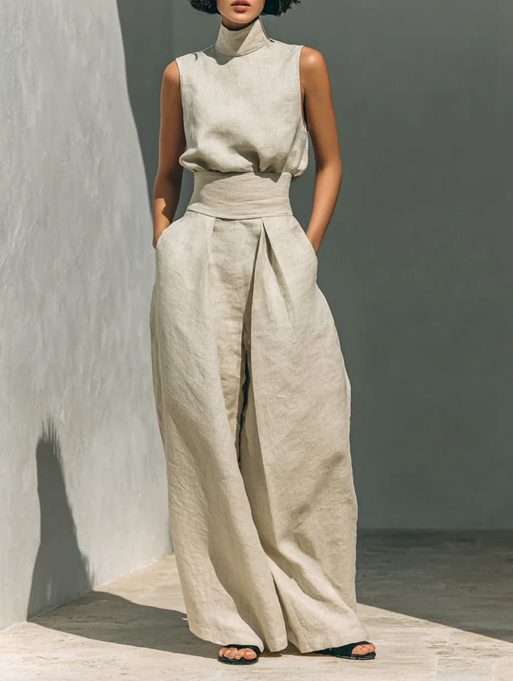 Giselle | Relaxed Beige Sleeveless Wide-Leg Co-Ord Set