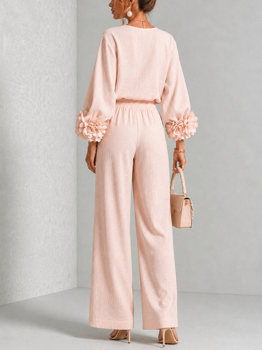 Women's Floral Cuff Crew Neck Wide Leg Set