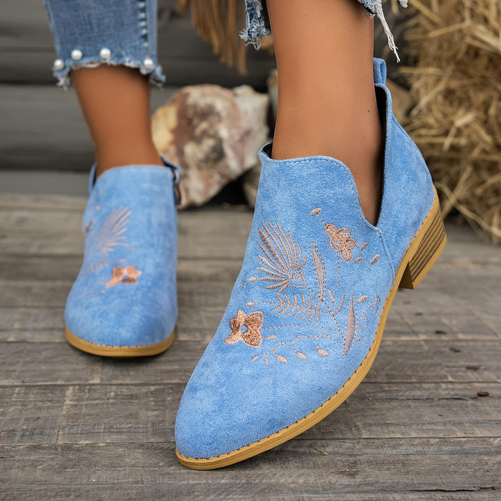 Dora | Embroidered Low-Heel Ankle Boots