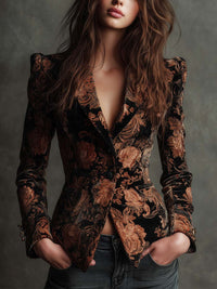 Winifred | Black And Bronze Floral Print Tailored Blazer