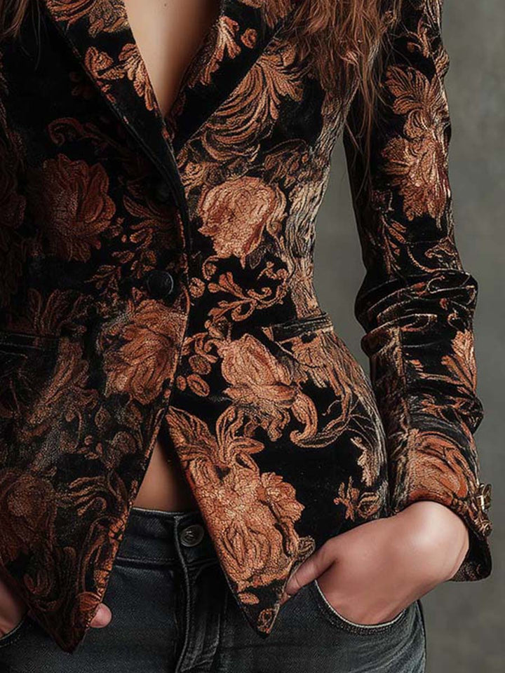 Winifred | Black And Bronze Floral Print Tailored Blazer