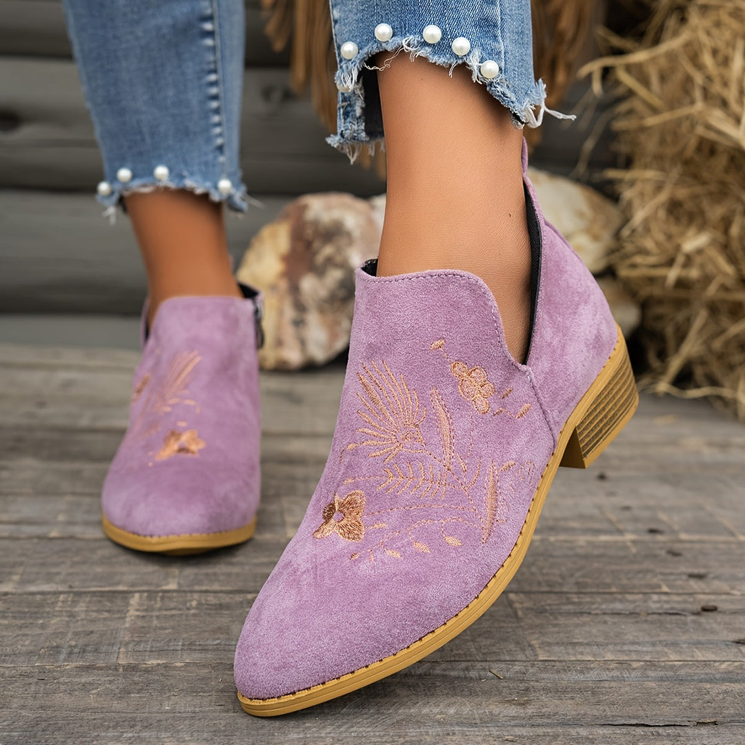 Dora | Embroidered Low-Heel Ankle Boots