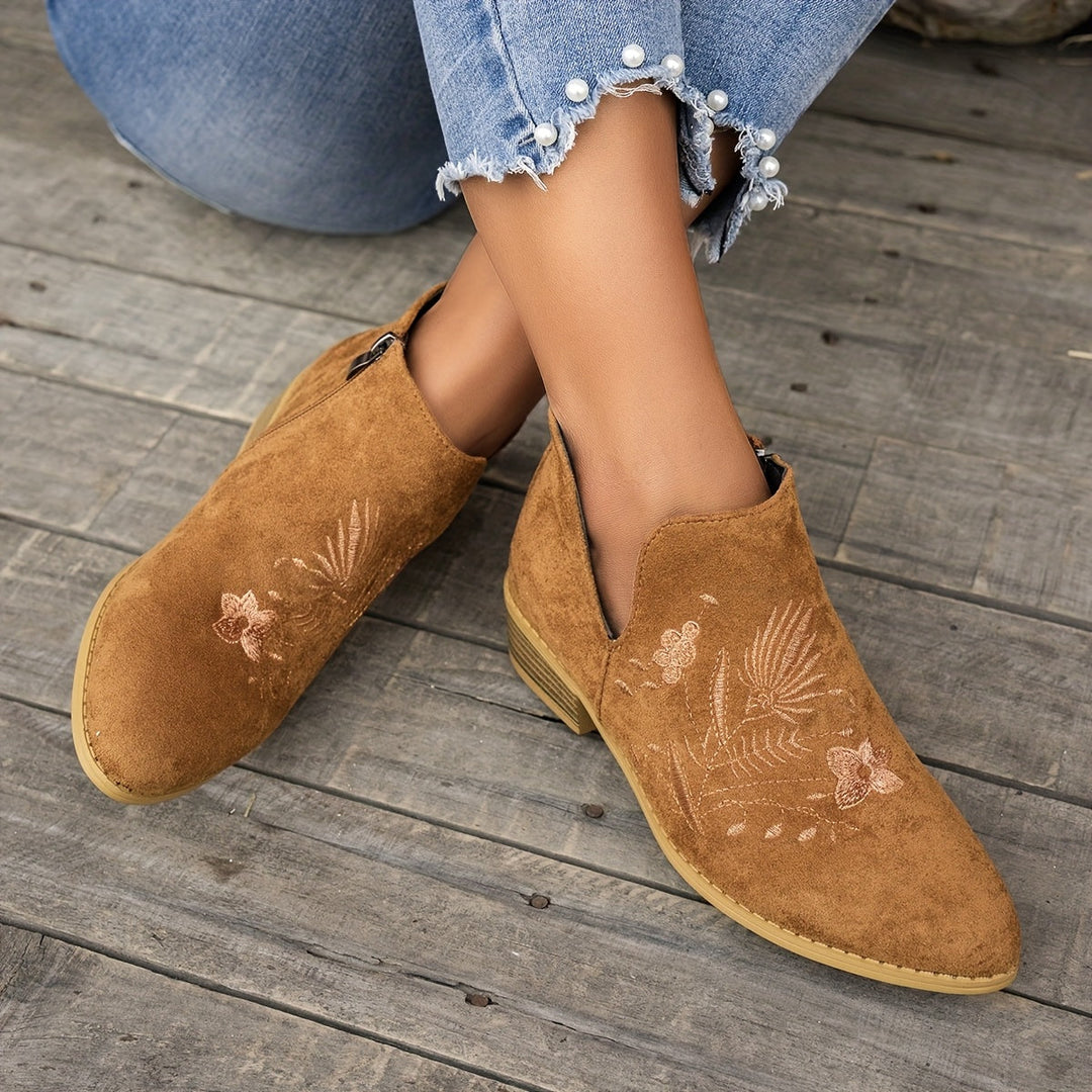 Dora | Embroidered Low-Heel Ankle Boots