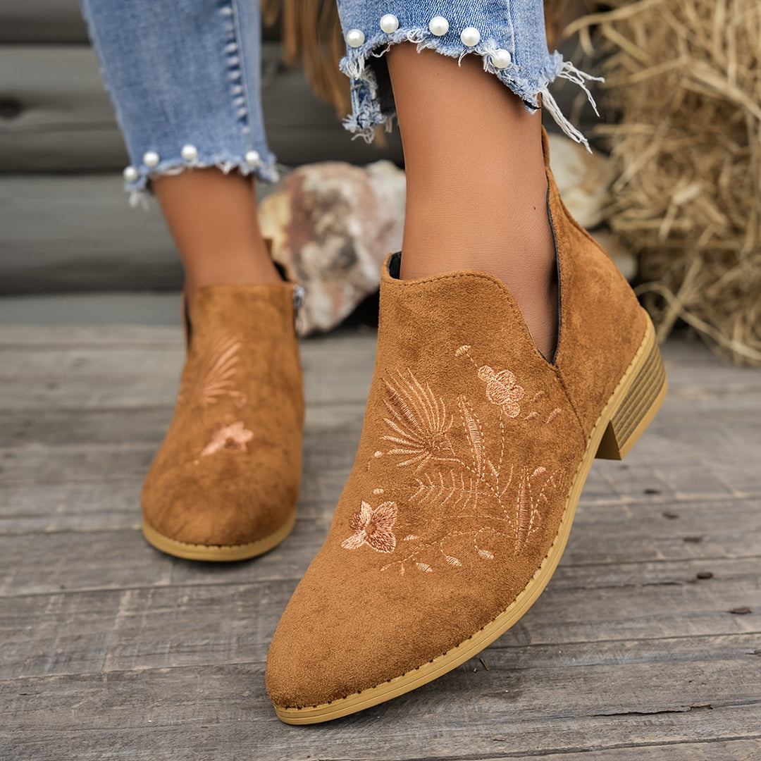 Dora | Embroidered Low-Heel Ankle Boots