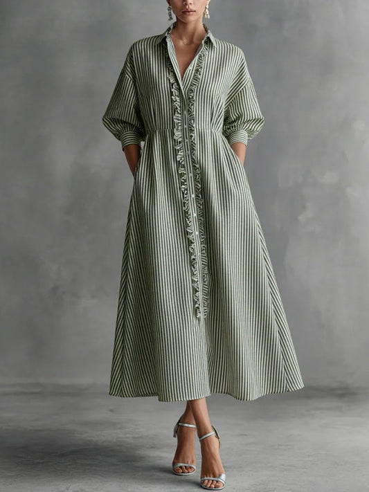 Women's Striped Button Front Ruffle Maxi Dress