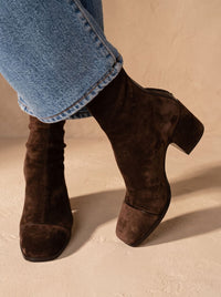 Brittany | Women's Elegant Square-Toe Block-Heel Suede Mid-Calf Boots