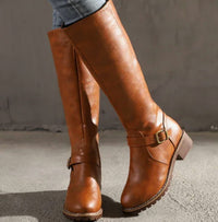 Arianna | Women's Knee-High Buckle-Strap Block-Heel Leather Boots